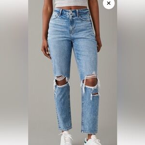 Light blue distressed AE mom jeans
